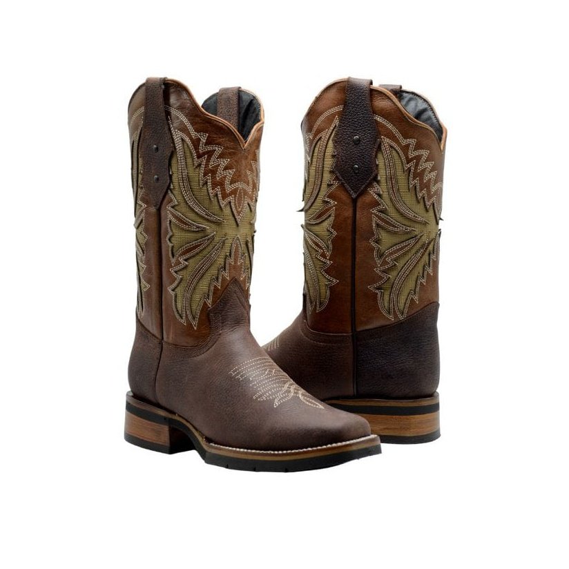 Botas de Gamuza Original Punta Rodeo Cuadrada Cafe con Rosas WD-442