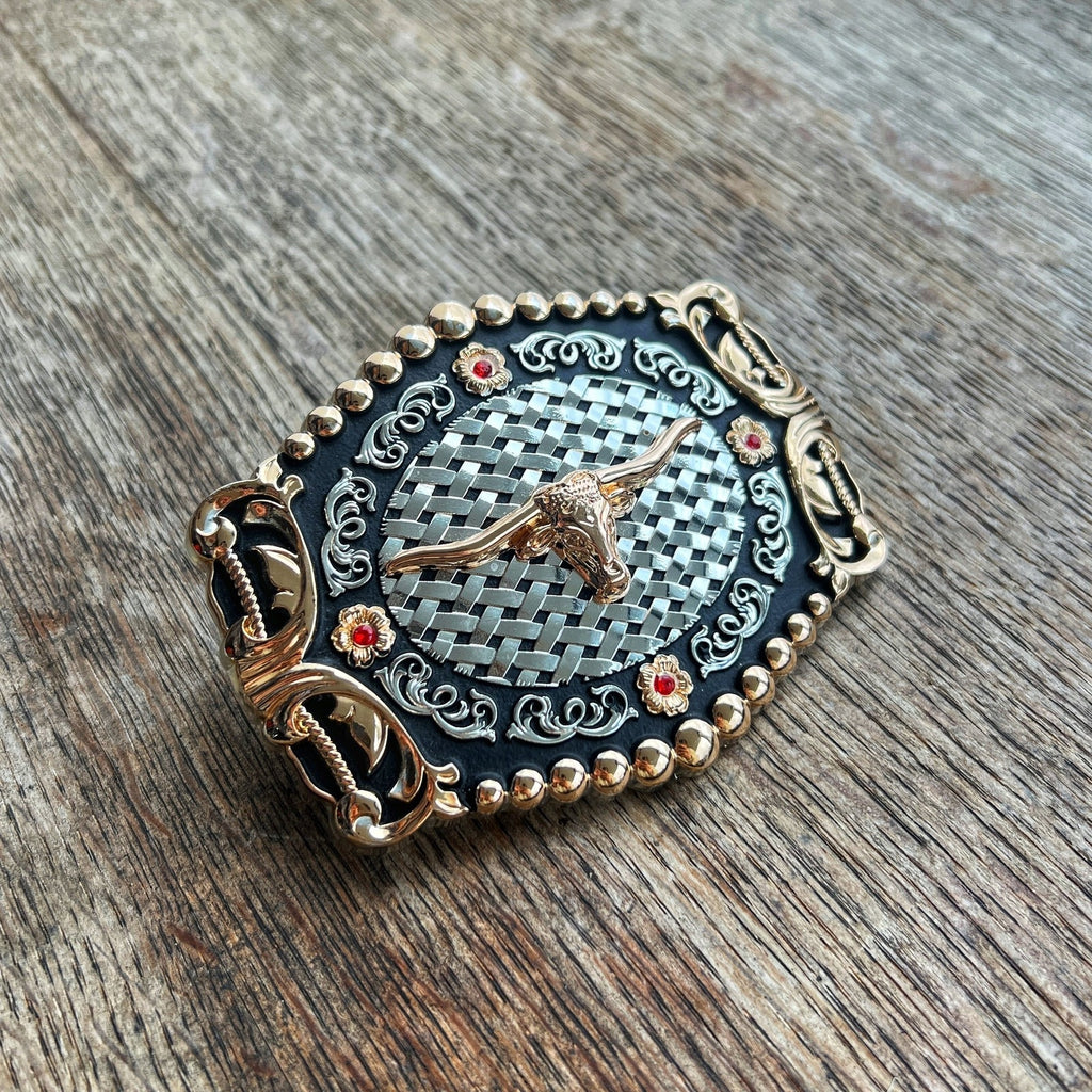 Hebilla para Cinto Cabeza de Toro Plata/Oro con Piedras Rojas