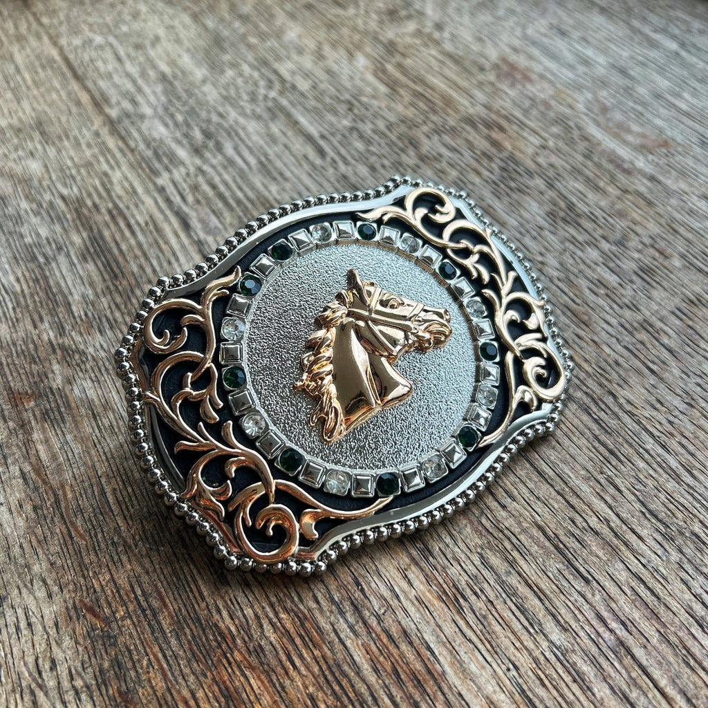 Hebilla para Cinto Cabeza de Caballo Plata/Negro con Piedras Verdes