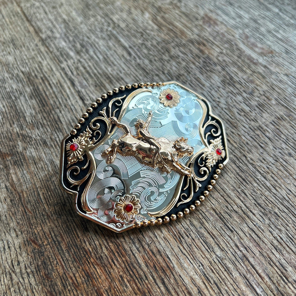 Hebilla para Cinto Jinete Plata/Oro con Piedras Rojas