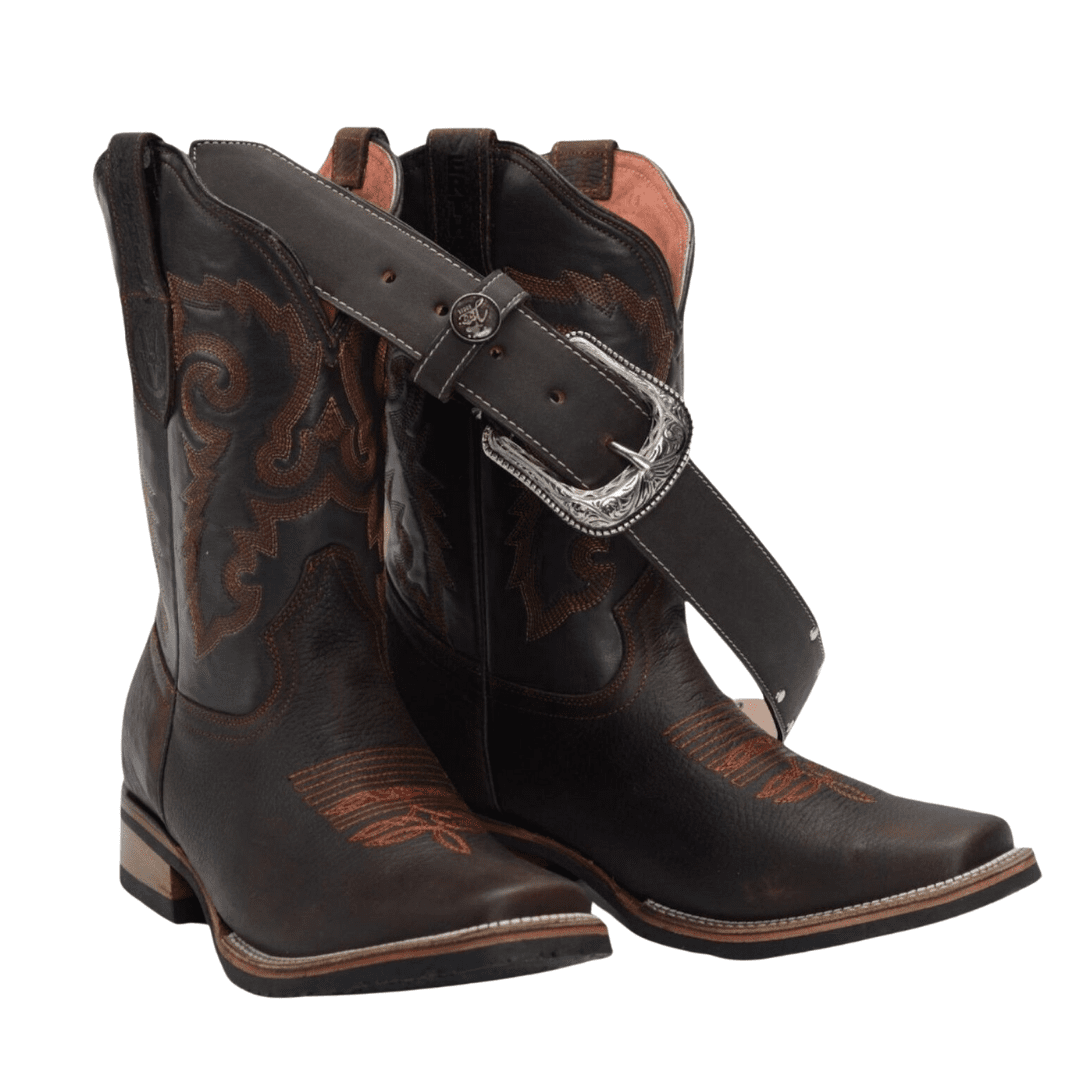 Combo Ve517 Bota Rodeo Verthali De Piel Con Cinto Cafe