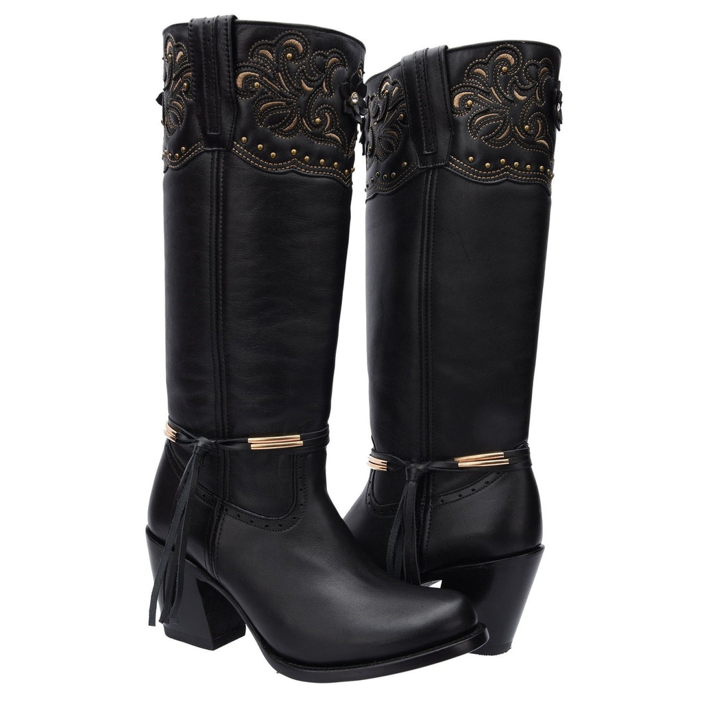 00-37 Sofia- Bota piel borrego color negro con bordados lazer pintada a mano