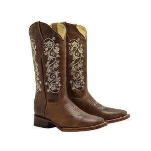 JB16-11 Bota Rodeo de Dama Punta Cuadrada con Flores Blancas