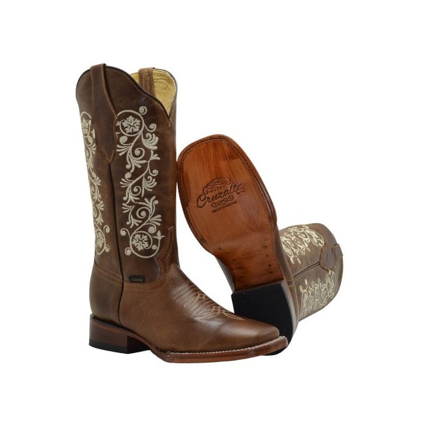 JB16-11 Bota Rodeo de Dama Punta Cuadrada con Flores Blancas