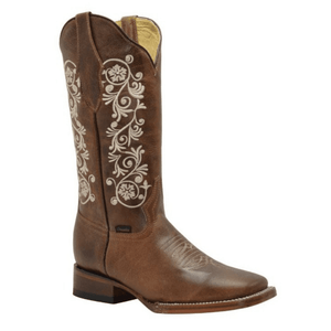 JB16-11 Bota Rodeo de Dama Punta Cuadrada con Flores Blancas